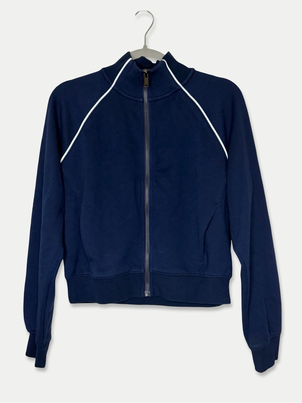 Spanx Navy Blue Full Zip Track Jacket Small White Piping Modal Stretch